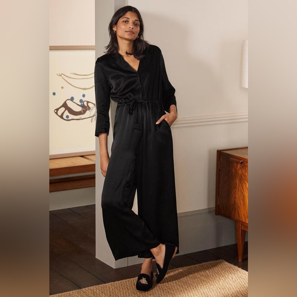 Boden Collar Detail Drawstring Satin Jumpsuit Black Size